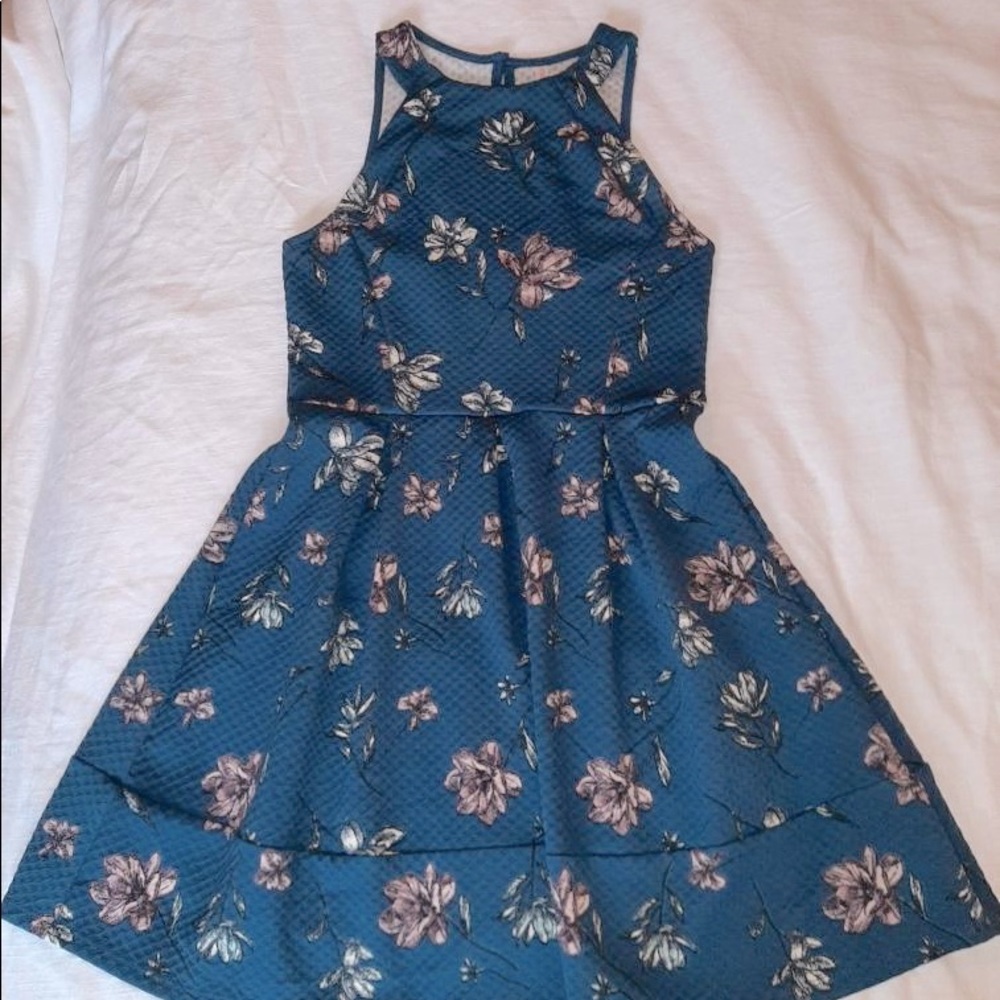 Xhilaration Floral Teal Blue Mini Fit & Flare Dress Sleeveless Size Small